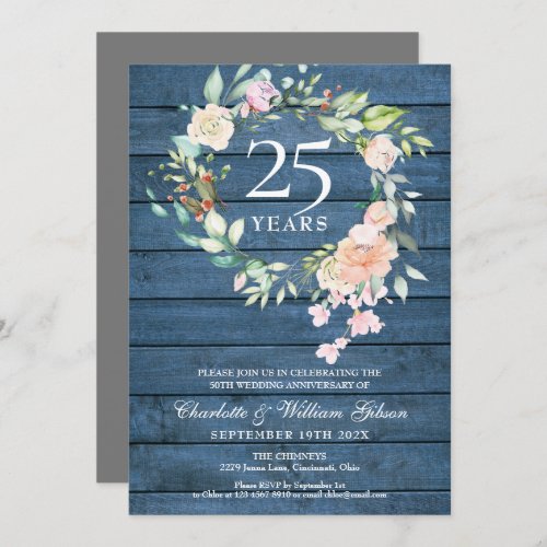 25th Silver Wedding Anniversary Rustic Wood Floral Invitation