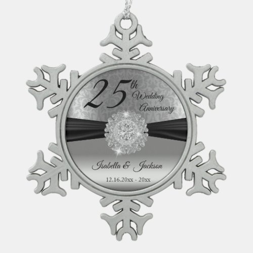 25th Silver Wedding Anniversary Snowflake Pewter Christmas Ornament