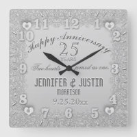 25th Silver Wedding Anniversary Square Wall Clock