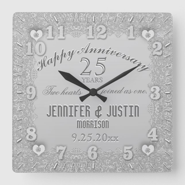 25th Silver Wedding Anniversary Square Wall Clock (Front)