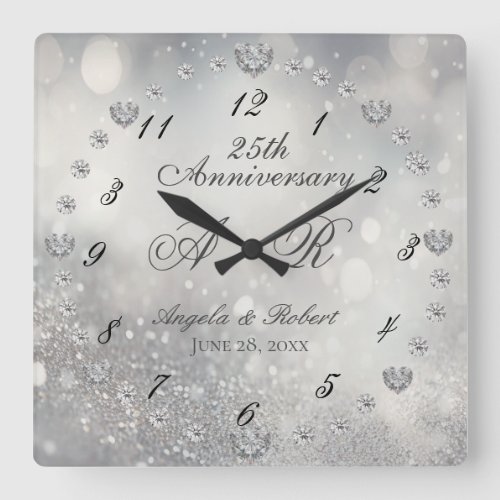 25th Silver Wedding Anniversary Square Wall Clock
