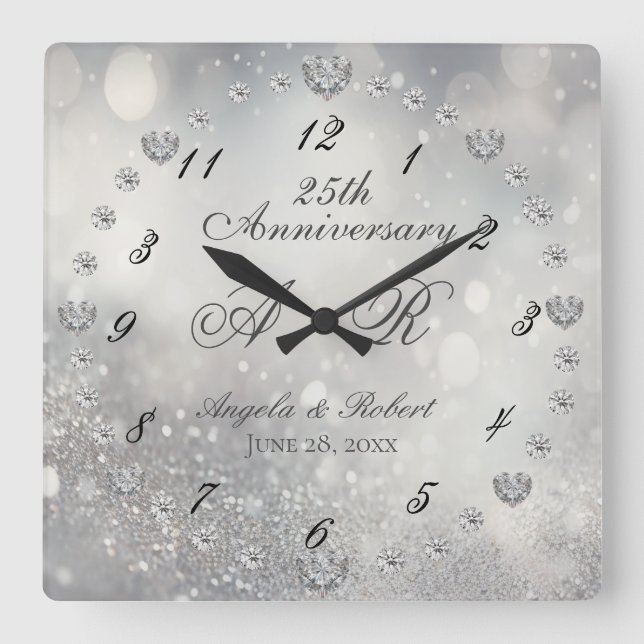 25th Silver Wedding Anniversary Square Wall Clock (Front)