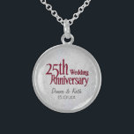 25th Silver Wedding Anniversary Sterling Silver Necklace<br><div class="desc">Sterling Silver necklace has 25th Anniversary text art in burgundy. Customize names and Anniversary date.</div>