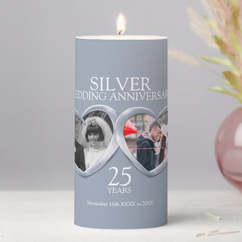 25th silver wedding anniversary two photo hearts pillar candle