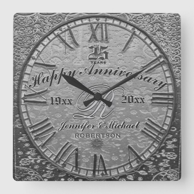 25th Silver Wedding Anniversary Vintage Antique Square Wall Clock (Front)