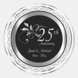 25th Silver Wedding Anniversary - White Damask Classic Round Sticker