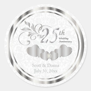 25th Silver Wedding Anniversary - White Damask Classic Round Sticker