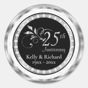 25th Silver Wedding Anniversary - White Damask Classic Round Sticker