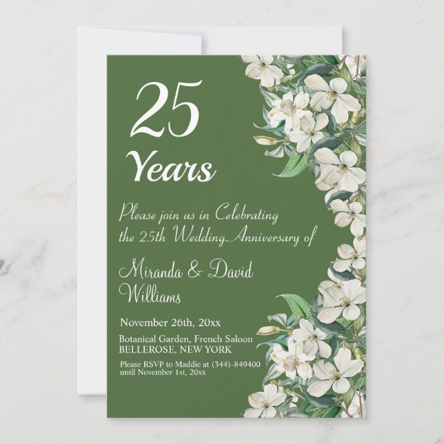 25th Silver Wedding Anniversary White Floral Invitation (Front)