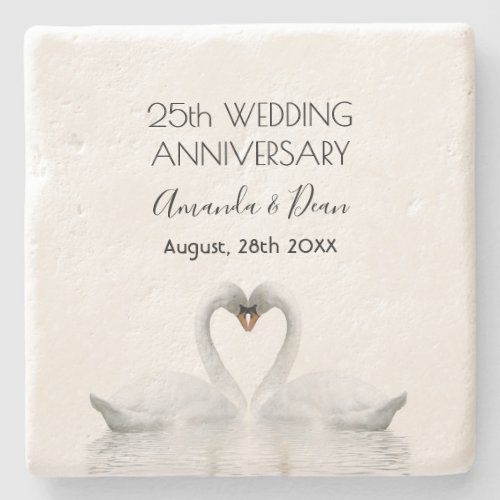 25th silver wedding anniversary white swans stone coaster