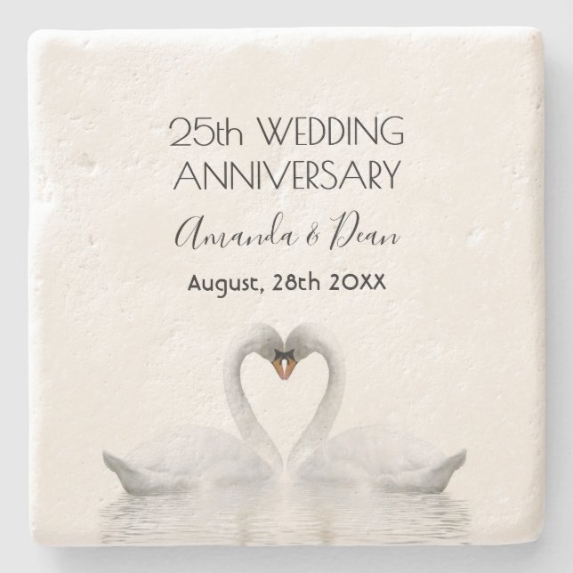 25th silver wedding anniversary white swans stone coaster (Front)