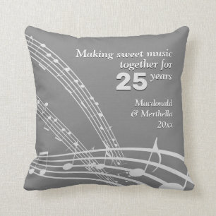 25th SILVER Wedding Modern MUSIC NOTES Throw Pillow