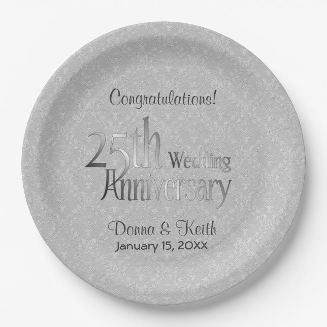 25th Stylish Silver Anniversary Paper Plates (Front)