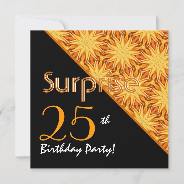 25th Surprise Birthday Black and Gold Diagonal Invitation (Front)