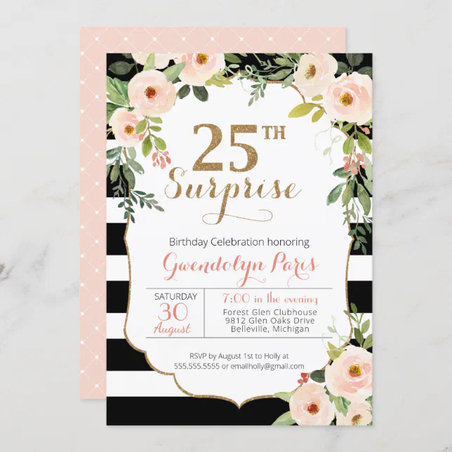 25th Surprise Black White Stripe Floral Birthday Invitation | Zazzle