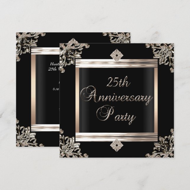 25th Wedding Anniversary Art Deco Black Silver Invitation (Front/Back)