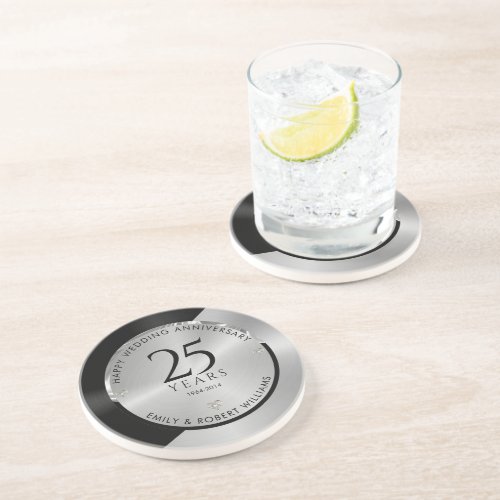 25th wedding anniversary black and silver 2 coaster