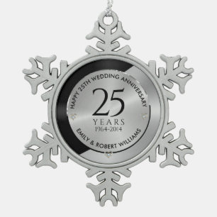 25th wedding anniversary black and silver 2 snowflake pewter christmas ornament