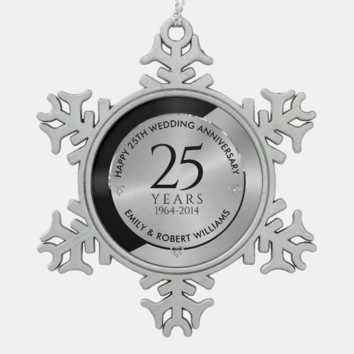 25th wedding anniversary black and silver 2 snowflake pewter christmas ornament