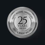 25th wedding anniversary black and silver button<br><div class="desc">50th wedding anniversary black and silver with heart diamond accents.
Elegant silver modern,  customizable Anniversary design. Easily customize your names and years of your Anniversary.</div>