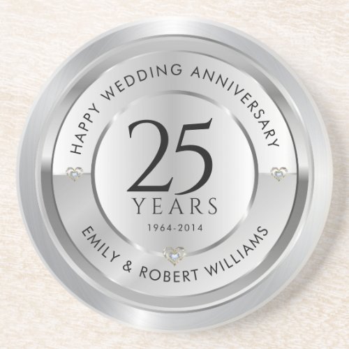 25th wedding anniversary black and silver coaster