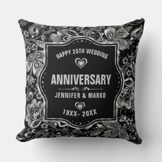 25th Wedding Anniversary Black And Silver Design Throw Pillow