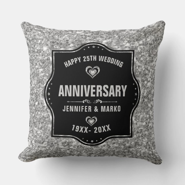 25th Wedding Anniversary Black And Silver Glitter Throw Pillow (Front)