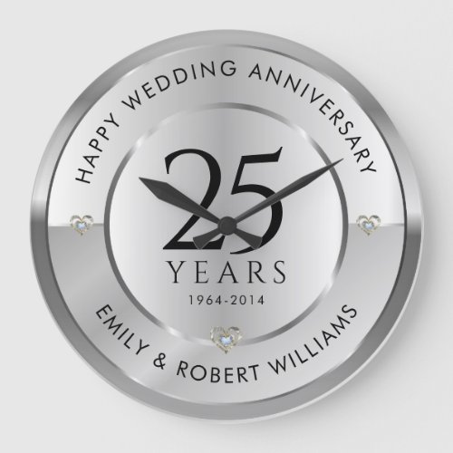 25th wedding anniversary black and silver large clock