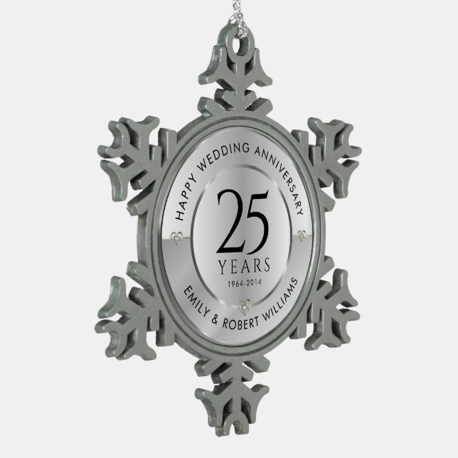 25th wedding anniversary black and silver snowflake pewter christmas ornament (Left)