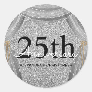 25th Wedding Anniversary Black and Silver Sparkle Classic Round Sticker