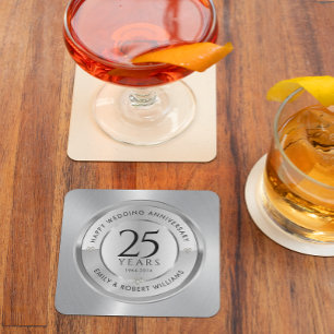 25th wedding anniversary black and silver stone coaster