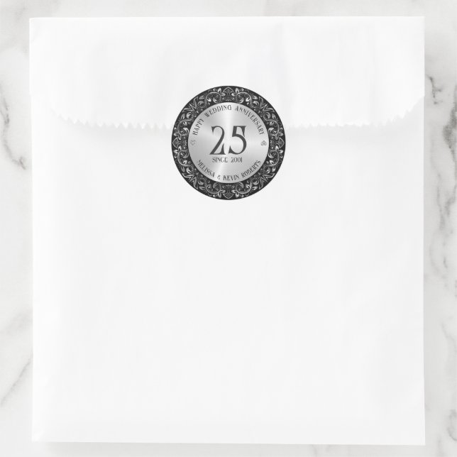 25th Wedding Anniversary Black Gold Frame Classic Round Sticker (Bag)