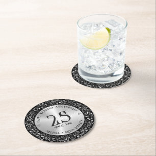 25th Wedding Anniversary Black Gold Frame Round Paper Coaster