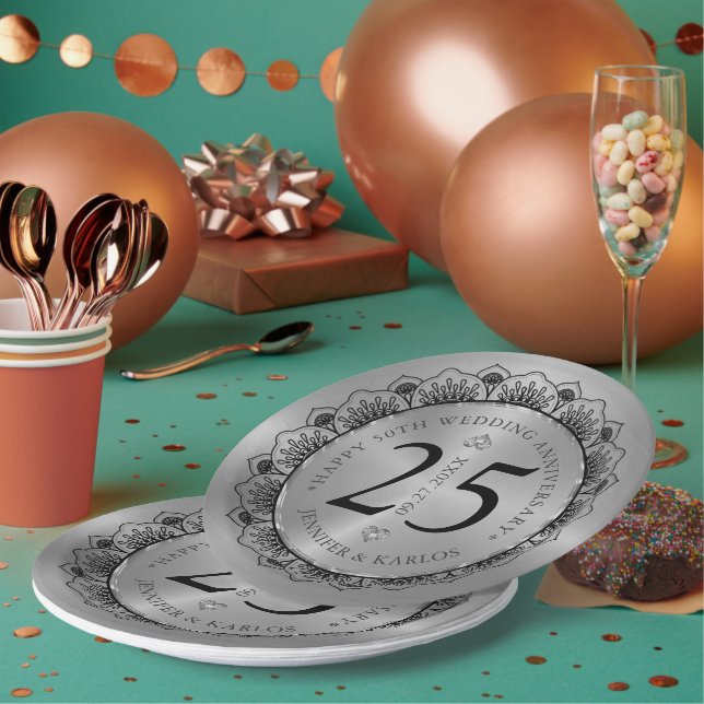 25th wedding anniversary black lace & gold paper plates (Multi)