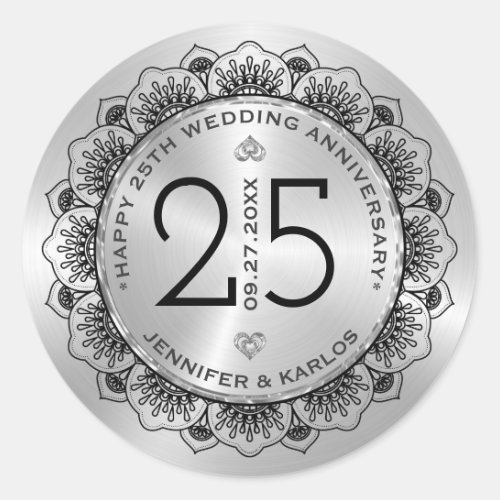 25th wedding anniversary black lace  silver classic round sticker