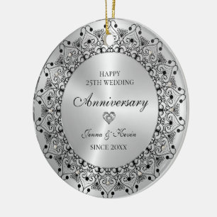 25th Wedding Anniversary Black Mandala On Gold Ceramic Ornament