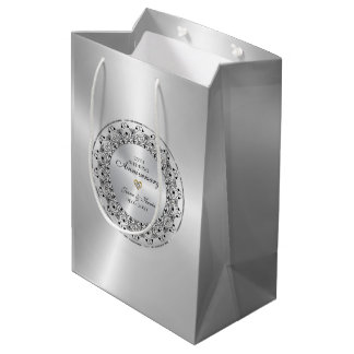 25th Wedding Anniversary Black Mandala On Silver Medium Gift Bag