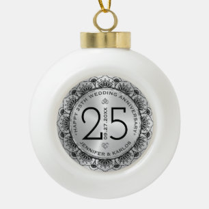 25th wedding Anniversary black mandala & silver Ceramic Ball Christmas Ornament