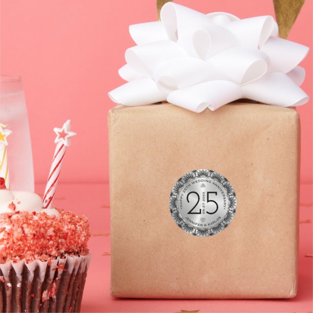 25th wedding Anniversary black mandala & silver Classic Round Sticker (Party)
