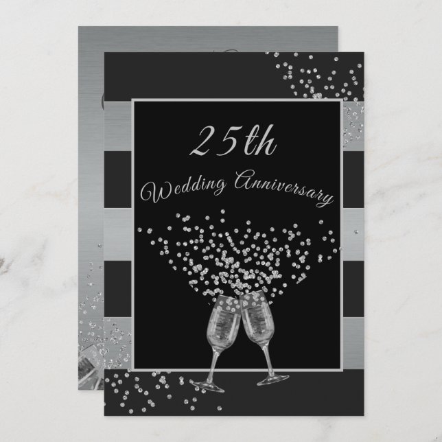 25th Wedding Anniversary Black Silver Chic Elegant Invitation (Front/Back)