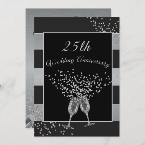 25th Wedding Anniversary Black Silver Chic Elegant Invitation