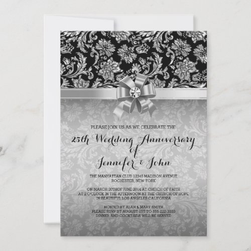 25th Wedding Anniversary Black  Silver Damasks 2 Invitation