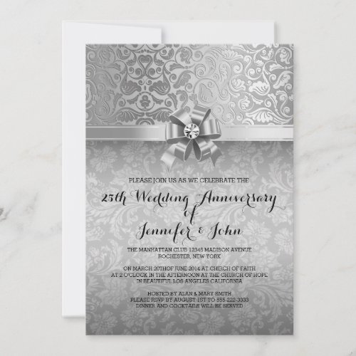 25th Wedding Anniversary Black  Silver Damasks Invitation