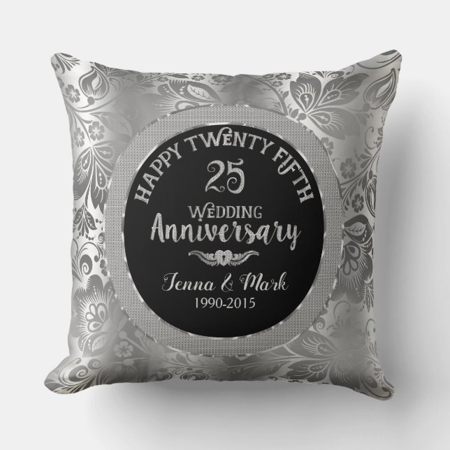 25th Wedding Anniversary Black & Silver Damasks Throw Pillow (Front)