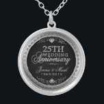 25th Wedding Anniversary Black Silver & Diamonds Plated Necklace<br><div class="desc">Elegant 25th wedding anniversary silver and diamonds glitter print over black background. Silver tones round circle frame. Customizable names and years.</div>