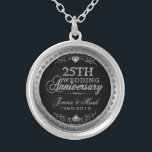 25th Wedding Anniversary Black Silver & Diamonds Plated Necklace<br><div class="desc">Elegant 25th wedding anniversary silver and diamonds glitter print over black background. Silver tones round circle frame. Customizable names and years.</div>