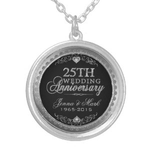 25th Wedding Anniversary Black Silver & Diamonds Plated Necklace