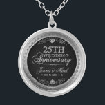 25th Wedding Anniversary Black Silver & Diamonds Silver Plated Necklace<br><div class="desc">Elegant 25th wedding anniversary silver and diamonds glitter print over black background. Silver tones round circle frame. Customizable names and years.</div>