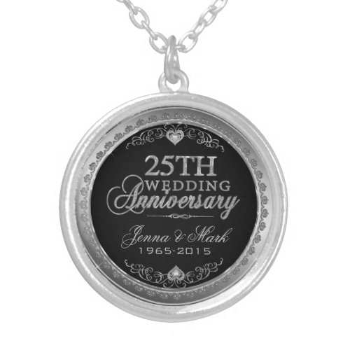 25th Wedding Anniversary Black Silver  Diamonds Silver Plated Necklace