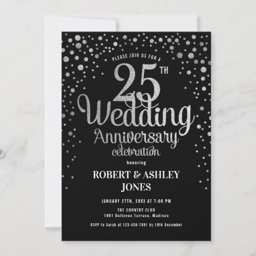 25th Wedding Anniversary _ Black  Silver Invitation